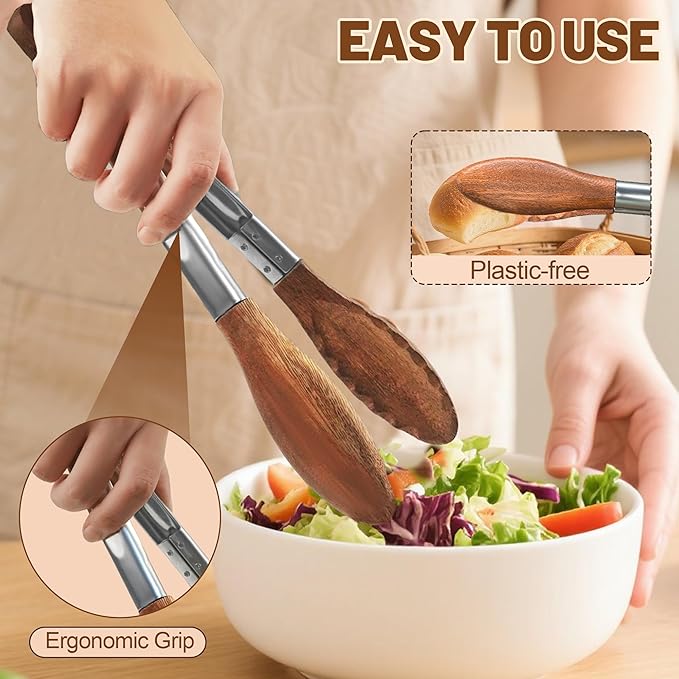 Tongs, 12 Inch Walnut Wood Kitchen Tongs with Locking Design