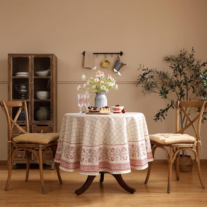 ISAENNE Designer Linen Floral Small Round Tablecloth, Pale Yellow Farmhouse - Image 2