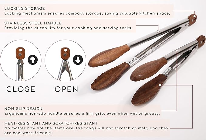 Tongs Set, Walnut Wood, 9 and 12 Inch, Stainless Steel Spring