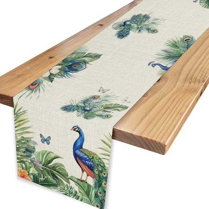 Peacock Table Runner, Traditional Chinese Style Peacock Feather Bird Floral - Image 6