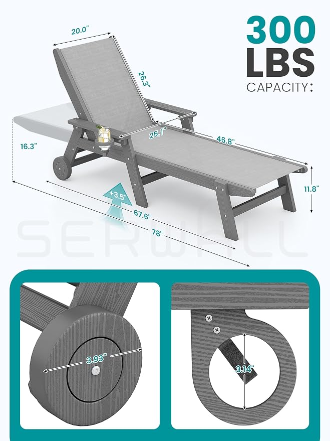SERWALL Textilene Patio Chaise Lounge Chair Set of 2, 5 Positions Outdoor - Image 2