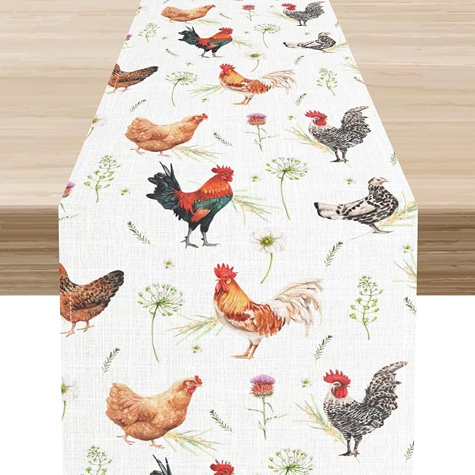 Farmhouse Rooster Table Runner, Rustic Farm Animals Cow Pig Chicken Coffee by Unknown