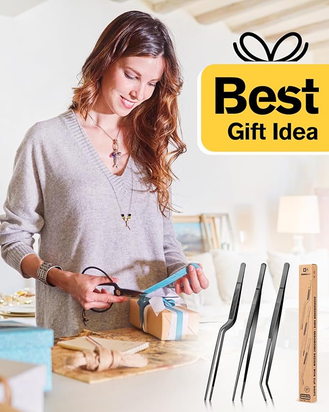Tongs Set, 10-Inch Stainless Steel Food Tweezers in Black, 3 Designs