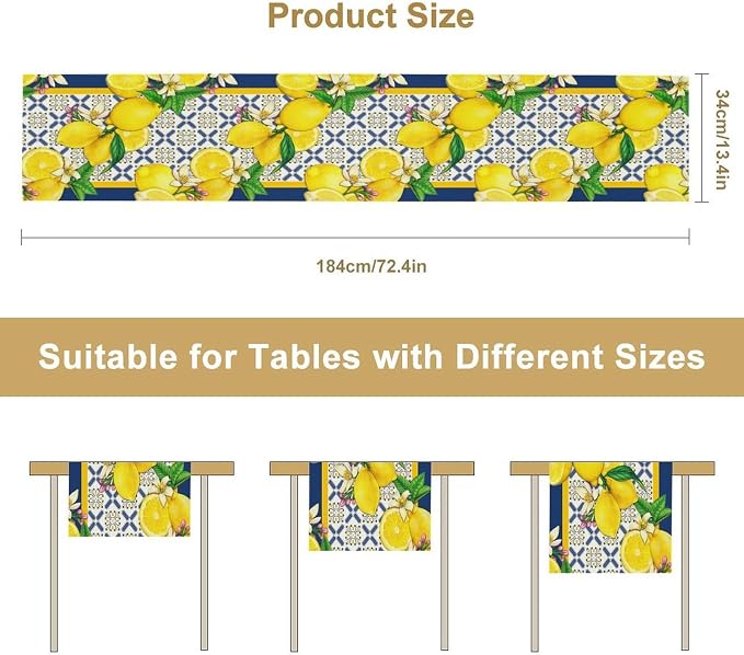 Yellow Lemon Table Runner, Spring Summer Seasonal Blue Tiles Watercolor Lemon - Image 8