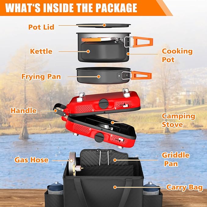 Hisencn Camping Stove, 2 Burner Propane Stove, 20000 BTU/h Camping Cooking set - Image 2