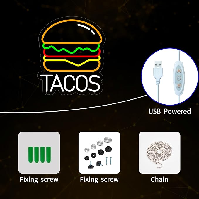 Tacos Neon Sign for Wall Decor, Hamburger Led Signs, Dimmable Neon Light Sign - Image 3
