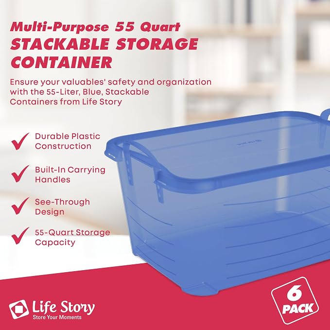 Life Story 6 Pack Light Duty Stackable Storage Bin, 55 Quart Home Organizer - Image 2