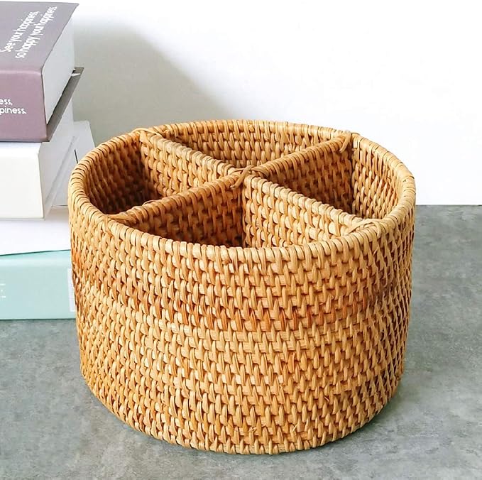 i-lan Natural Rattan 4 Compartments Storage Holder Cosmetics Organizer Utensil - Image 3