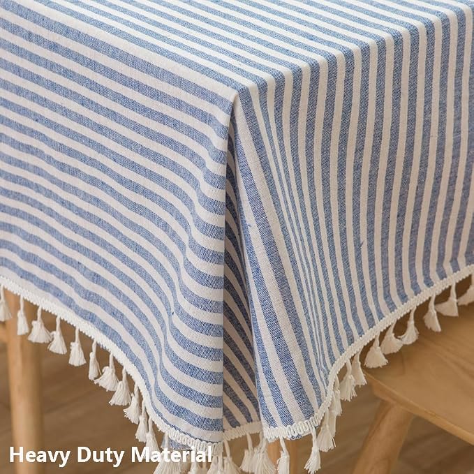 TruDelve Cloth Tablecloths Rectangular Blue and White Striped Boho Cotton - Image 2
