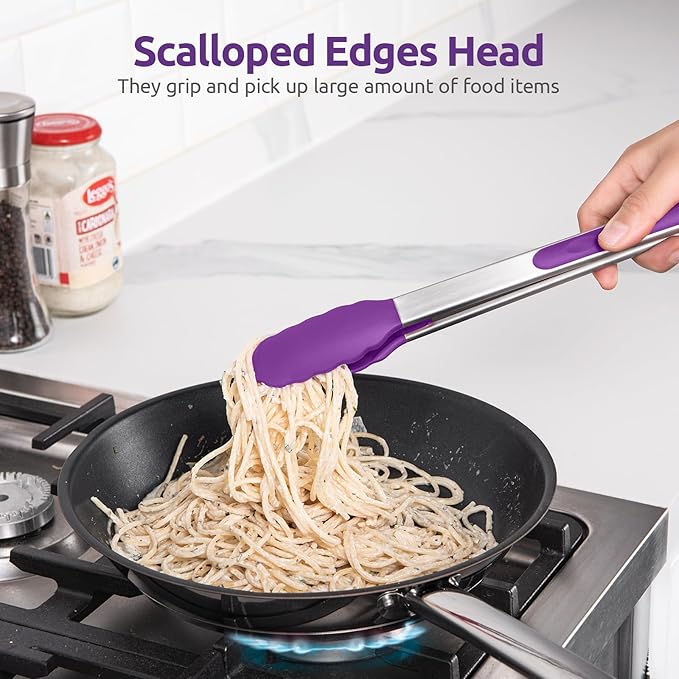 Tongs with Silicone Tips, Locking Stainless Steel, Purple