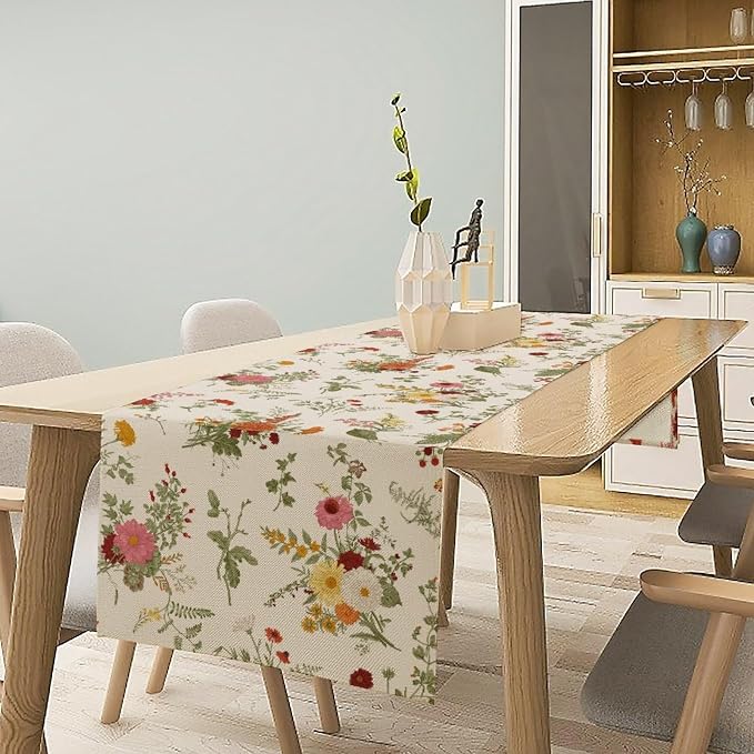 Vintage Flower Table Runner, Rustic Farmhouse Retro Garden Botanical Plants - Image 2
