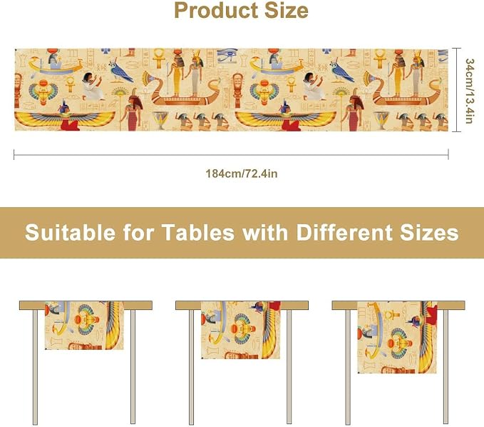 Egypt Table Runner, Ancient Egyptian Mythology Gods Hieroglyphic Elements Retro - Image 7