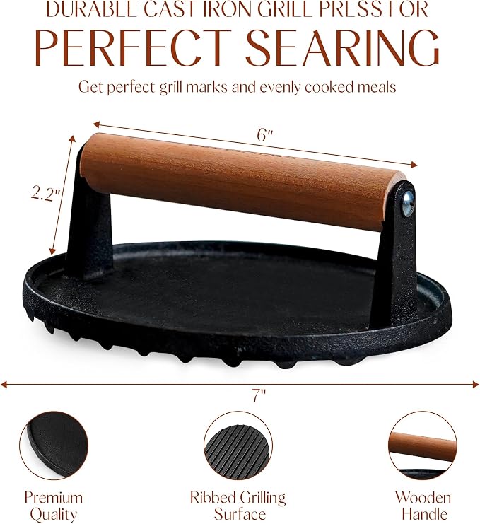 Bellemain Heavy Duty Cast Iron Smash Burger Press 7" Round Grill Press - Image 2
