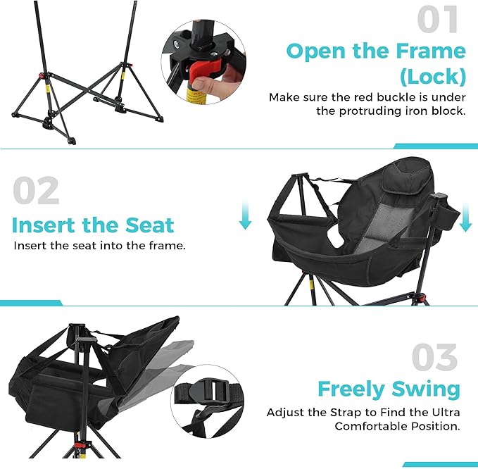 Camping Chair Hammock Rocker, Adjustable Recline, Black Polyester
