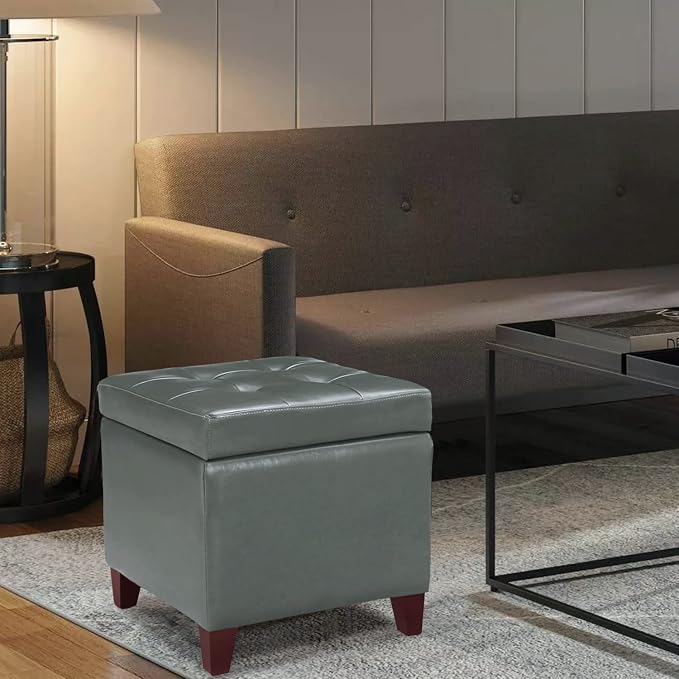 Homebeez Tufted Faux Leather Storage Ottoman Square Cube Foot Rest Stool - Image 2