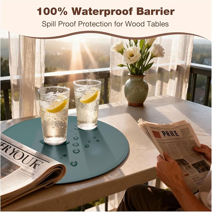 Round Vinyl Blue Placemats Set of 6, Faux Leather Waterproof Wipeable Heat - Image 5