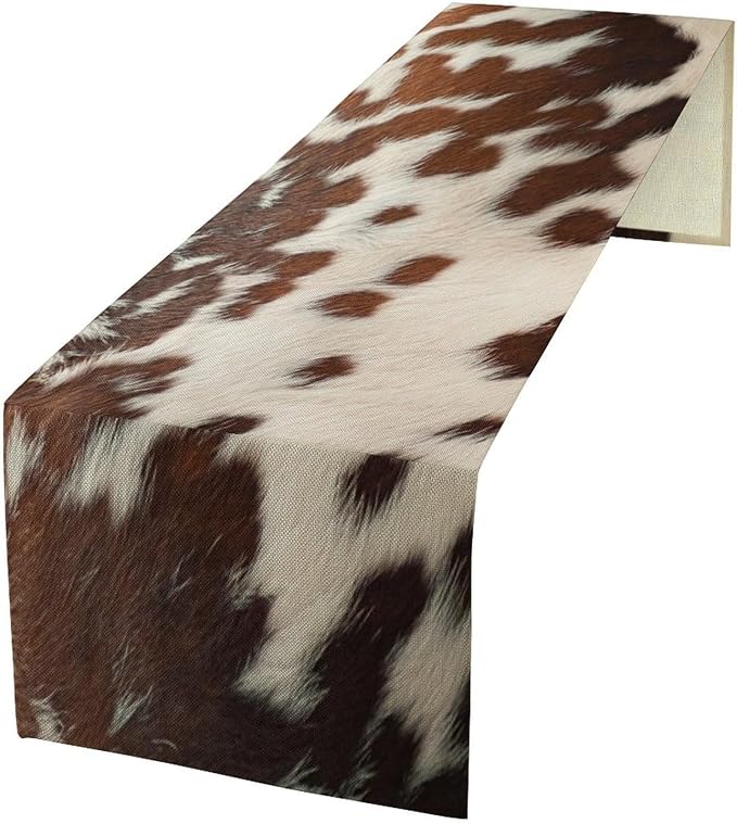 Cow Print Table Runner, Western White Brown Cowhide Rustic Coffee Table Runner by Unknown