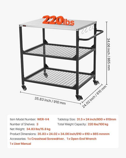 VEVOR Outdoor Grill Cart, 31.5 x 24.0 inch Stainless Steel Tabletop Size - Image 3