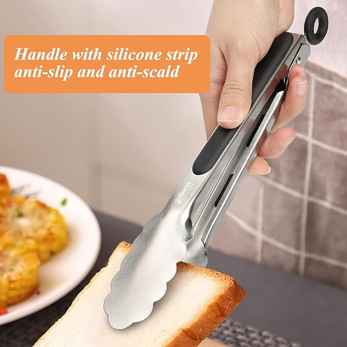 Tongs, 9-Inch Food-Grade Stainless Steel with Locking Ring, Set of 4