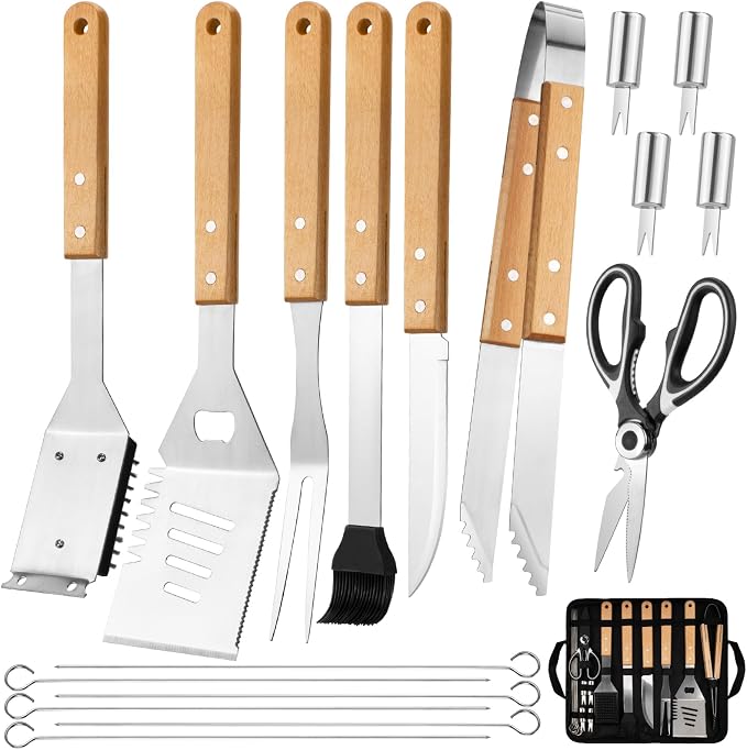 18pcs Wooden Grill Tool Set, BBQ Accessories Heavy Duty Stainless Steel Grill by DAMNISS