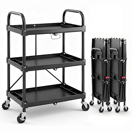 DUMOS 3-Tier Foldable Utility Cart Set of 2, Collapsible Service Cart by DumosLifestyle