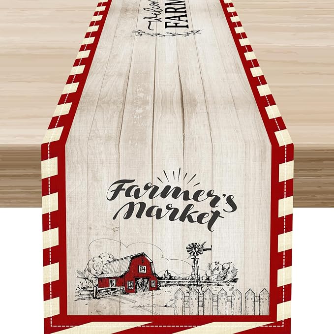 Farmhouse Table Runner, Rustic Country Barn Cottage Rooster Check Animal Plank by Unknown