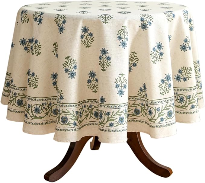 ISAENNE Designer White Linen Small Round Tablecloth, Chinoiserie Floral Elegant by Isaennehomedecoration
