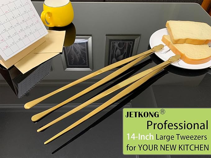 Tongs, 2 Pack 14-Inch Stainless Steel Gold Long Kitchen Tongs