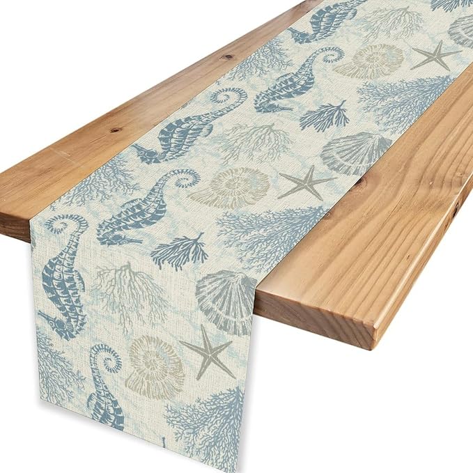 Nautical Table Runner, Summer Coastal Starfish Seashells Coral Seahorse - Image 4