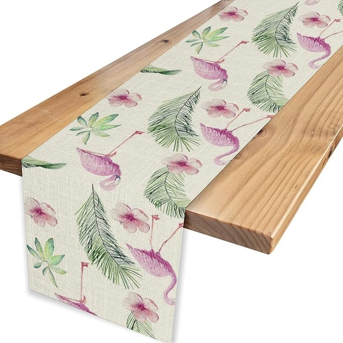 Flamingo Table Runner, Spring Summer Tropical Floral Green Palm Leaves Hawaiian - Image 6