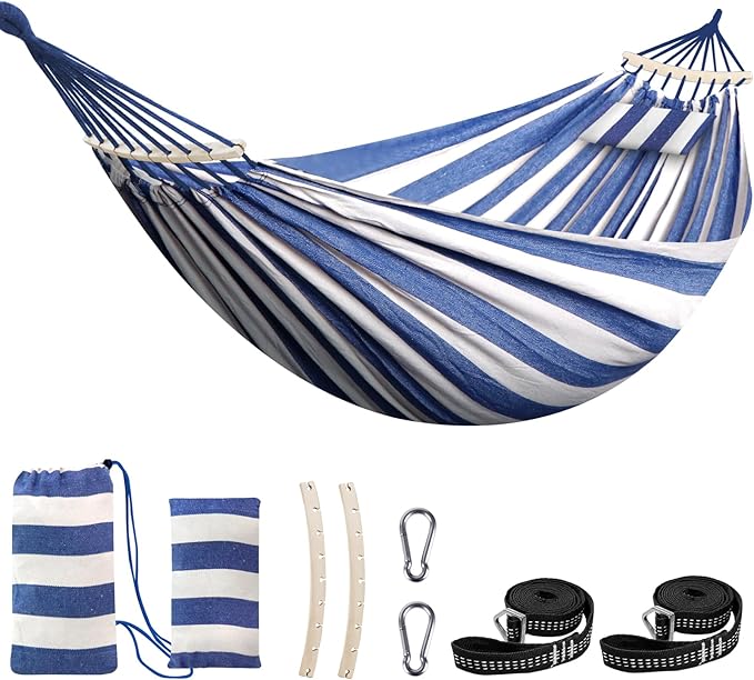 Cotton Camping Hammock with Pole, Blue and White Stripes, 106 x 59 in