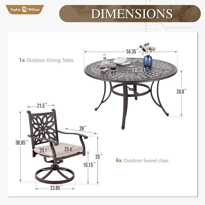 Sophia & William 7 Pieces Cast Aluminium Patio Dining Furniture Set - Image 6