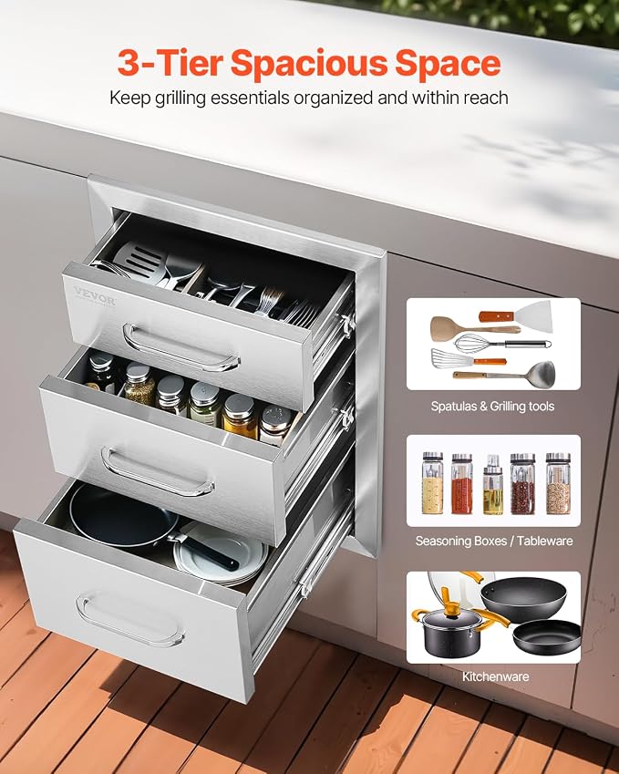 VEVOR 14x20.3 Inch Outdoor Kitchen Drawers Stainless Steel, Flush Mount Triple - Image 3
