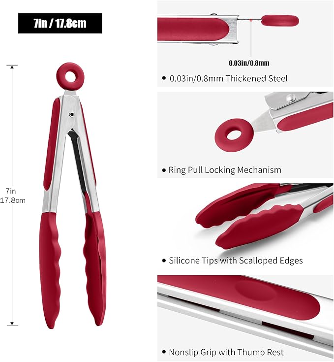 Tongs, 10.51-Inch Stainless Steel with 600°F Silicone Tips, Red