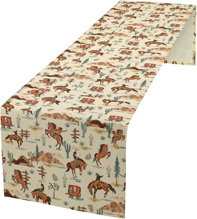 Western Cowboy Table Runner, Vintage Farmhouse Country Cowboy Horse Cactus by Unknown