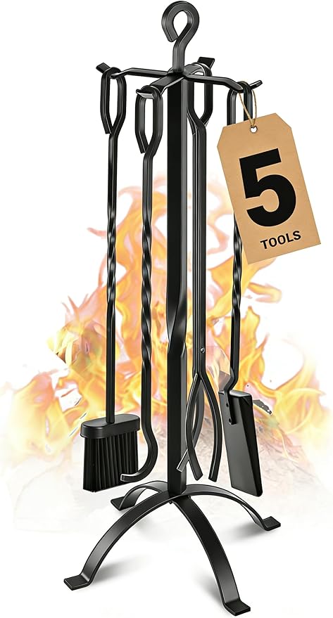 Gtongoko Fireplace Tools Set 5 Pieces 32 Inch Modern Black Wrought Iron Large by Gtongoko