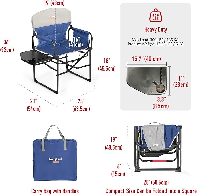 Camping Directors Chair, Blue, Steel Frame, 300 lb Capacity