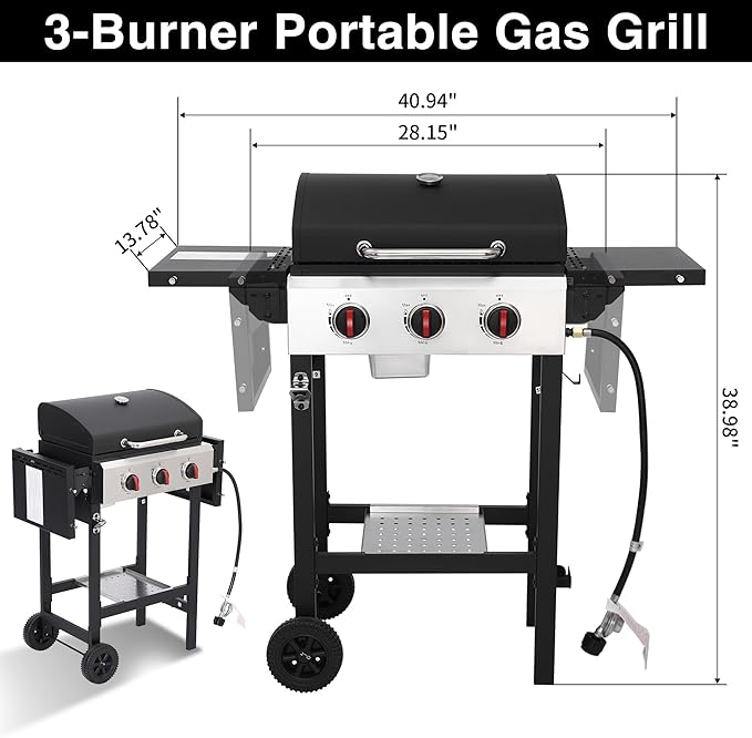 Propane Gas Grill with Folding Side Tables, 3-Burner Gas Grill with Cast Iron - Image 6