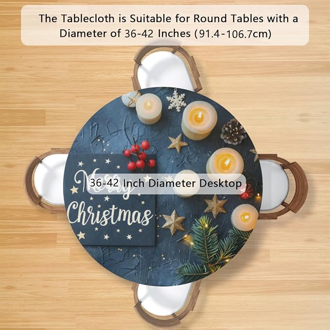 Merry Christmas Candle Star Round Table Cloth Cover, Elastic Edge Waterproof - Image 2