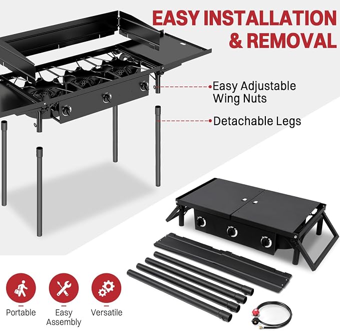 3 Burner Propane Camp Stove | 225, 000 BTU Gas Burners | Side Shelves | - Image 5