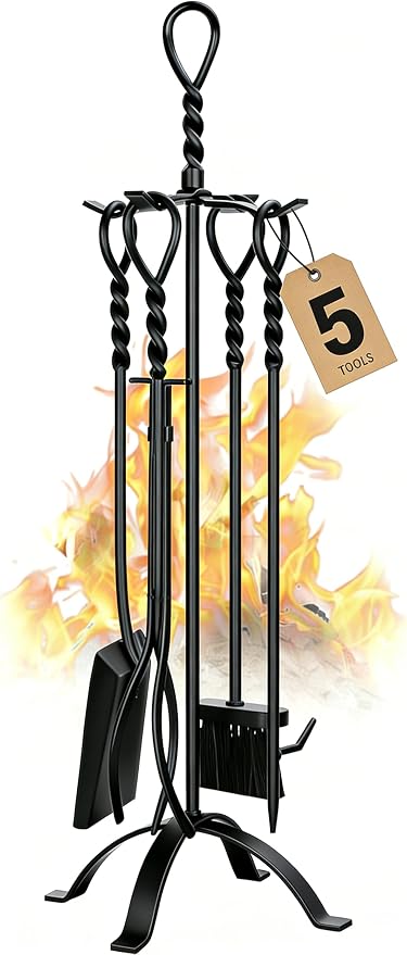 Gtongoko 35 Inch Fireplace Tools Set 5 Pcs Black Wrought Solid Iron Large Fire by Gtongoko
