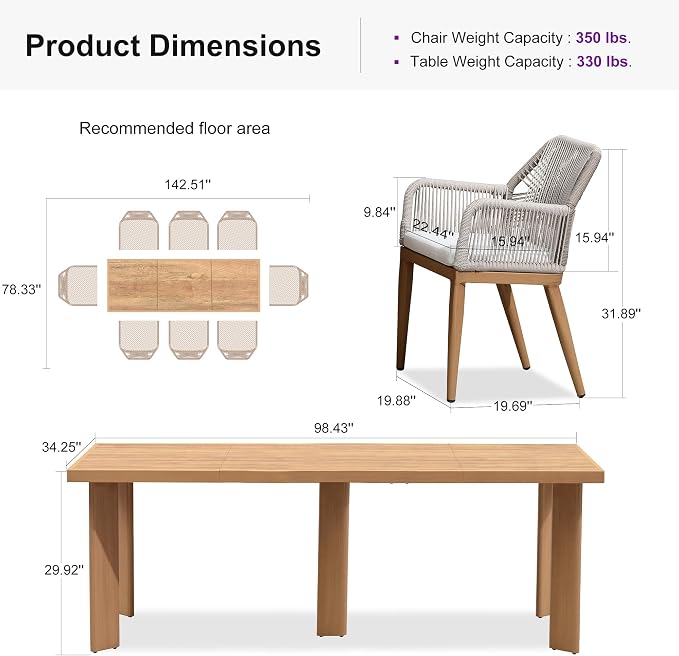 PURPLE LEAF 9 Pieces Patio Dining Set Aluminum Modern Rectangular Table and - Image 9