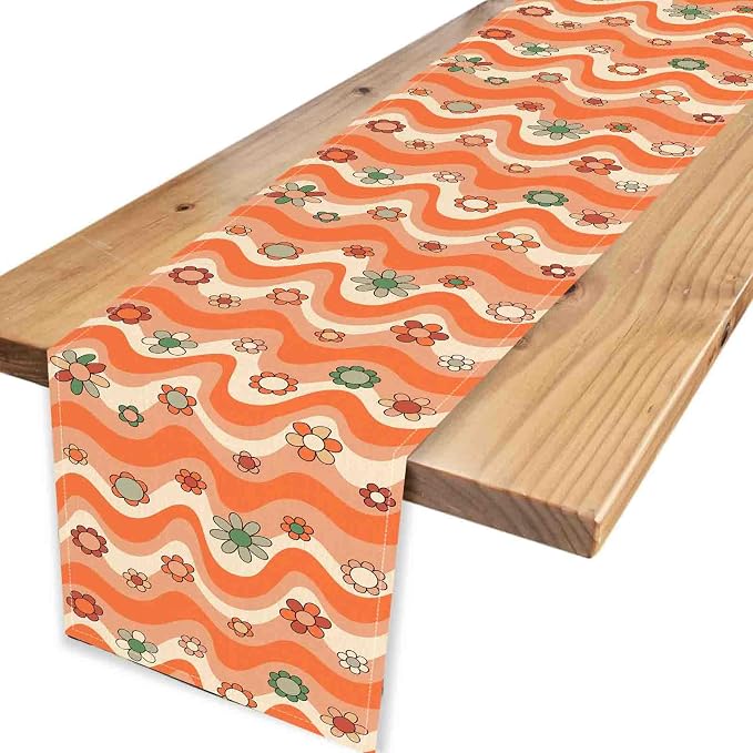 70s Table Runner, Retro Groovy Hippie Daisy Floral Orange Wave Funky Trippy - Image 4