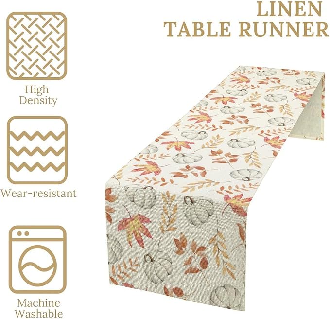 Autumn Pumpkin Table Runner, Watercolor Fall Maple Leaves Pumpkins Harvest - Image 3
