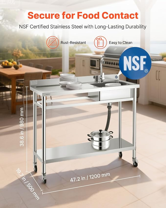 VEVOR Stainless Steel Utility Sink, Rolling Single Bowl Commercial Kitchen Sink - Image 2