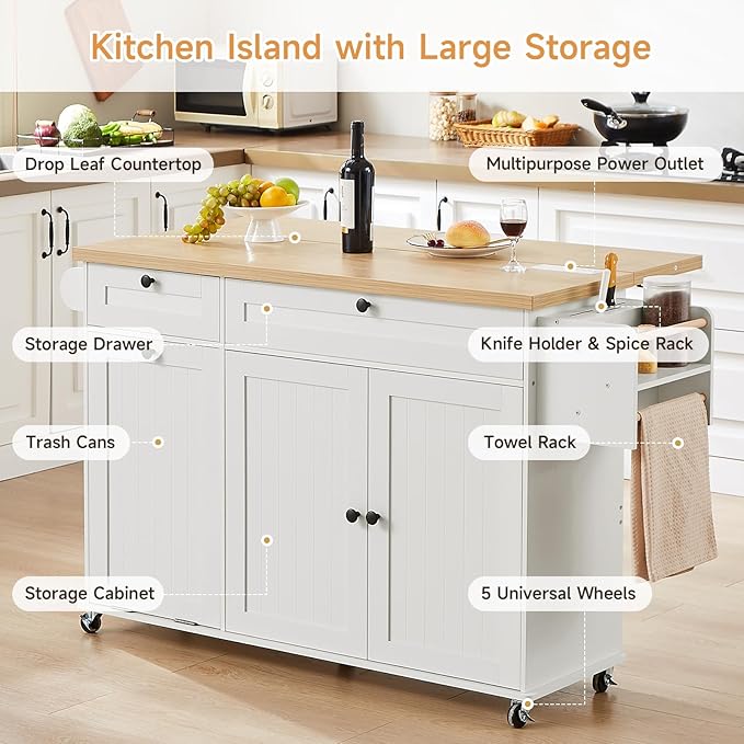 60" Kitchen Island with Power Outlet & Drop Leaf, Kitchen Rolling Island with - Image 3
