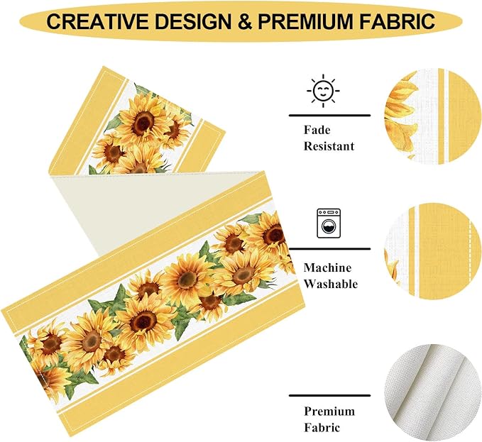 Yellow Sunflower Table Runner, Rustic Farmhouse Summer Sunshine Boho Floral Bee - Image 4