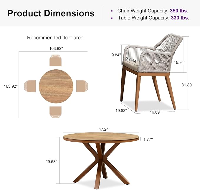 PURPLE LEAF 5 Pieces Patio Round Dining Set Aluminum Oversize Round Table and - Image 9