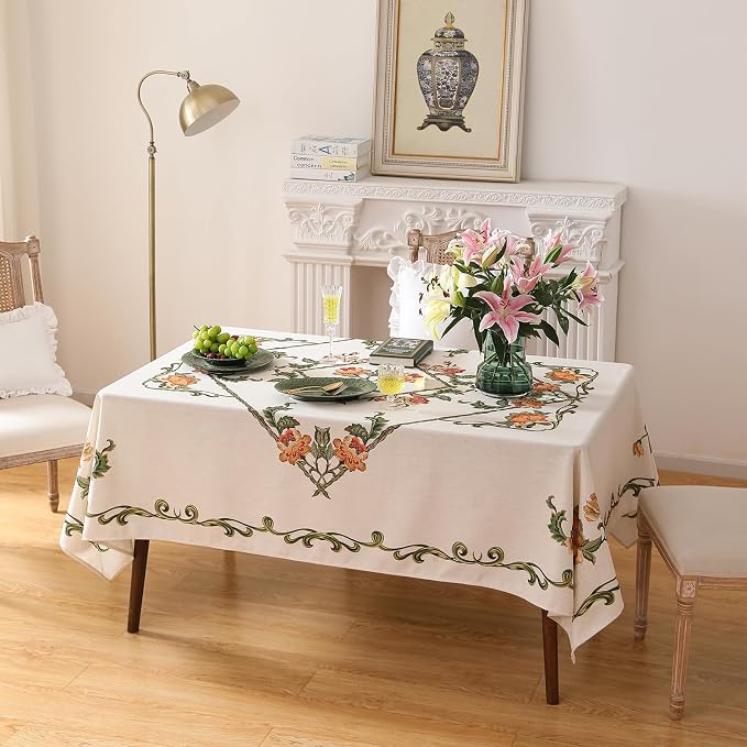 patdrea Designer Linen Rectangle Tablecloth, Vintage French Floral Tablecloths - Image 9