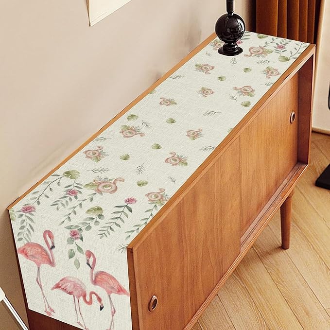 Flamingo Table Runner, Rustic Boho Grey Leaf Pink Rose Floral Tropical Bird - Image 2